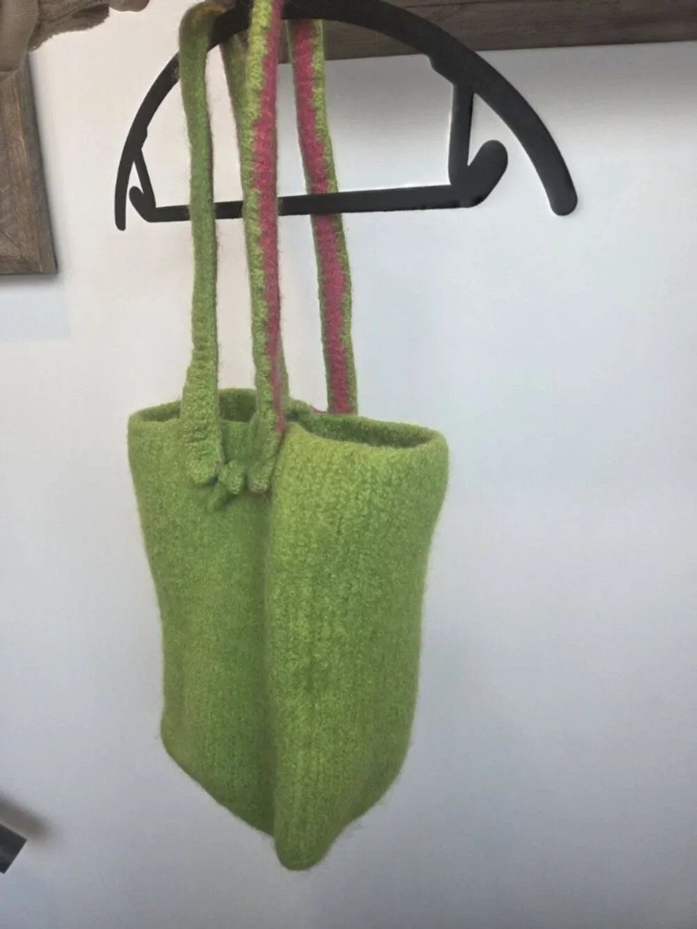 Handmade Felted Wool Tote Lime Green & Pink Parallel Straps Toggle Closure